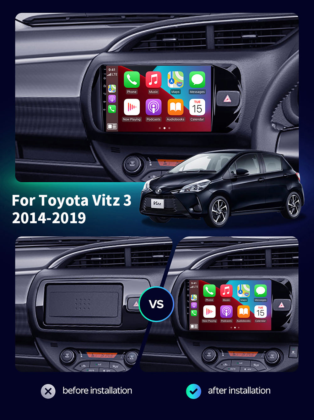 Toyota Vitz 2014-2019 CarPlay Stereo Wireless